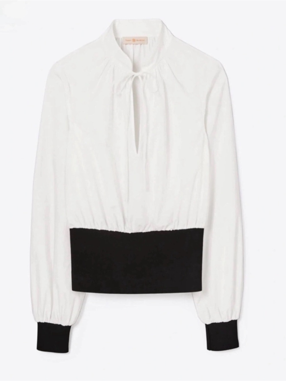 EUC Tory Burch White Cotton Tie-Neck Top with Black Ribbed Hem & Cuffs